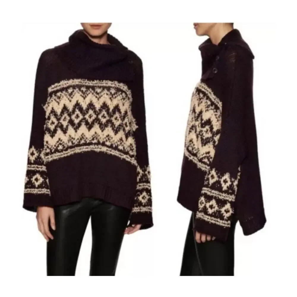 Free People Fair Isle Wool Blend Sweater Burgundy Chunky Knit Oversized Boho‎ S